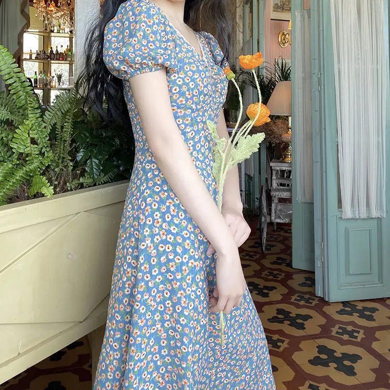 Pastoral Floral Dress V-Neck Puff Sleeve Blue — feature 6