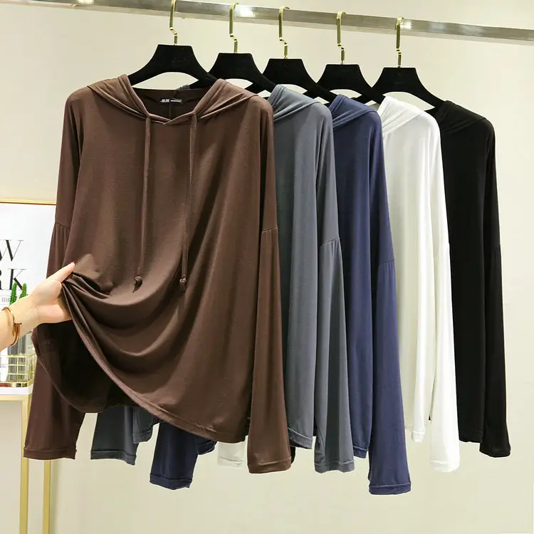 Black Hooded T-Shirt Women Spring Casual Large Loose Fit