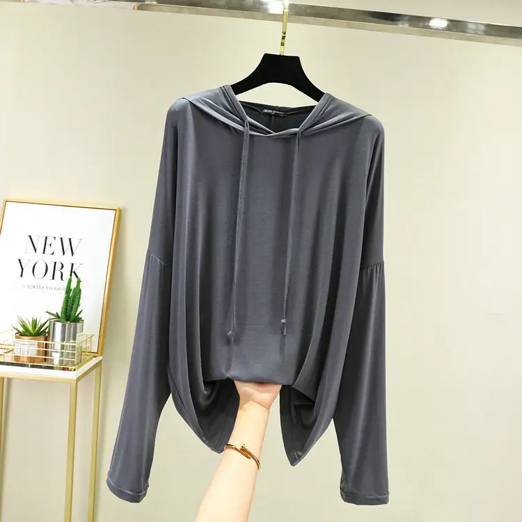 Black Hooded T-Shirt Women Spring Casual Large Loose Fit