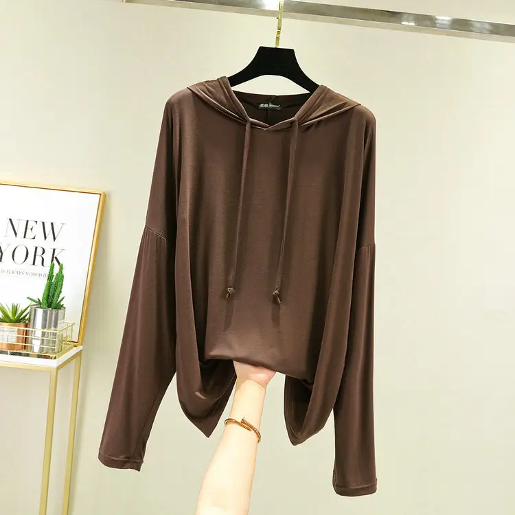 Black Hooded T-Shirt Women Spring Casual Large Loose Fit