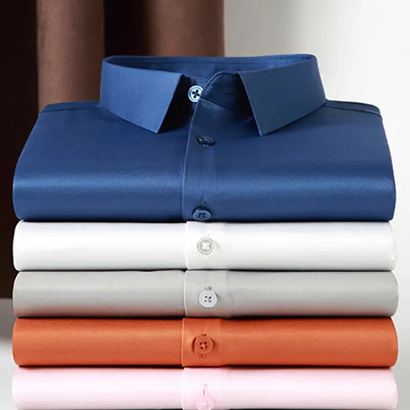 Pink Silk Men's Long Sleeve Shirt No-Pocket Business Casual