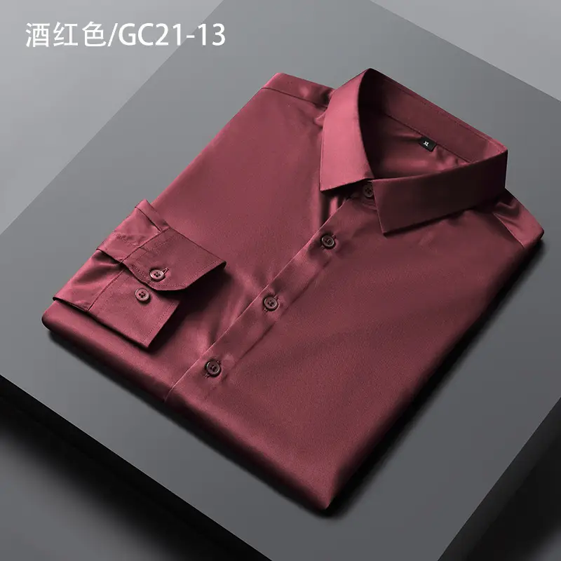 Pink Silk Men's Long Sleeve Shirt No-Pocket Business Casual