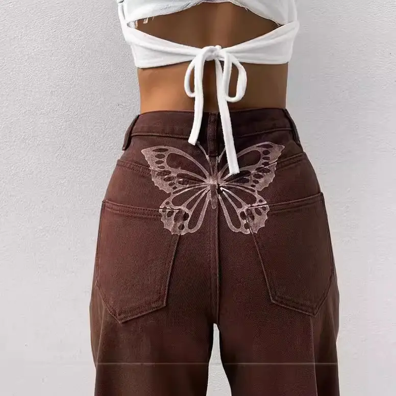 High-Waist Butterfly Print Wide-Leg Jeans for Women Brown - Image 4