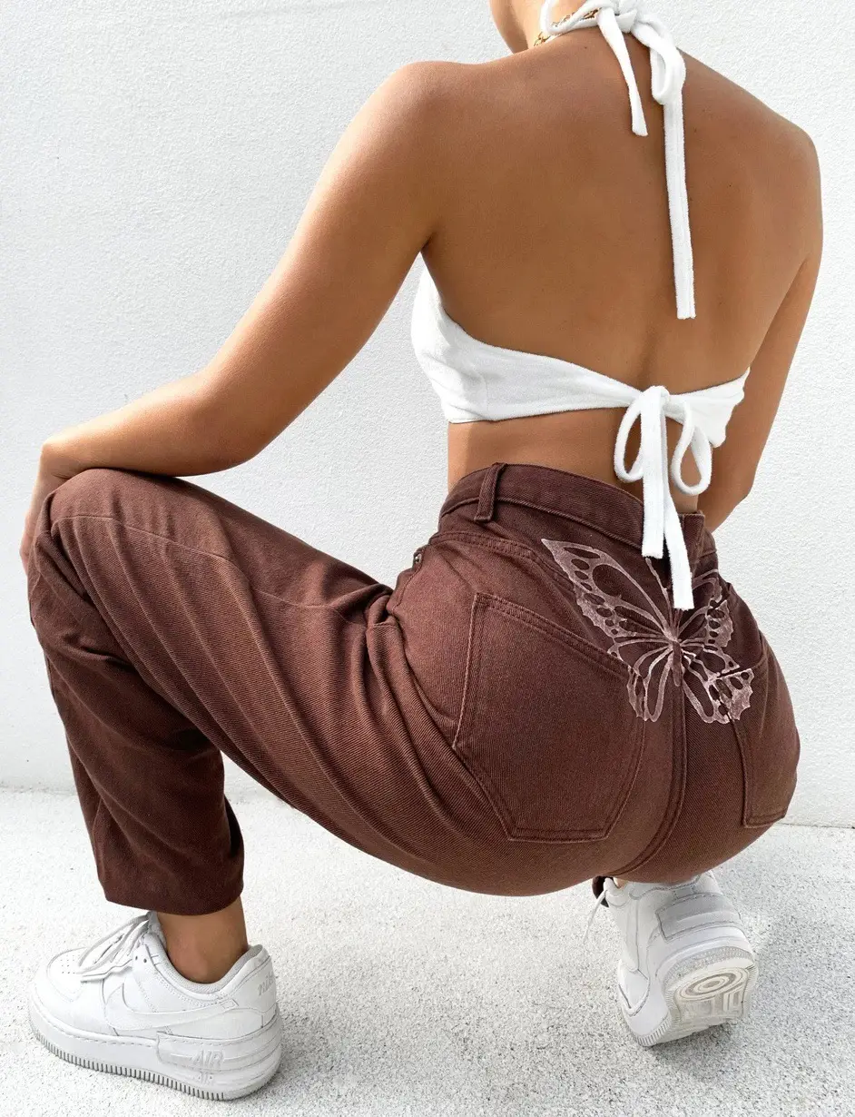 High-Waist Butterfly Print Wide-Leg Jeans for Women Brown — feature 17