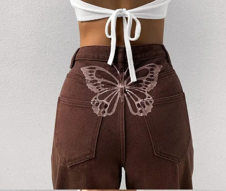 High-Waist Butterfly Print Wide-Leg Jeans for Women Brown — feature 18