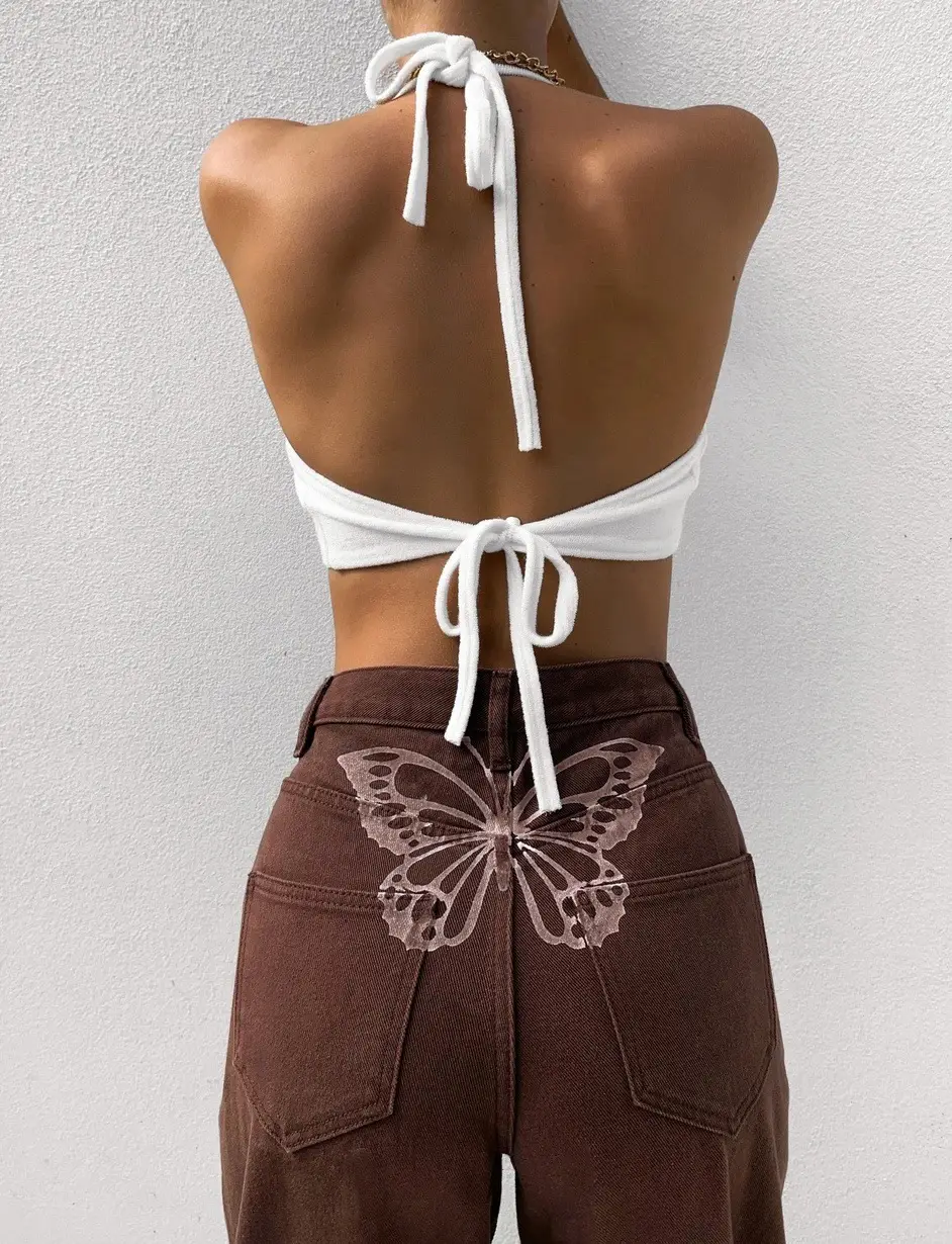High-Waist Butterfly Print Wide-Leg Jeans for Women Brown - Image 3