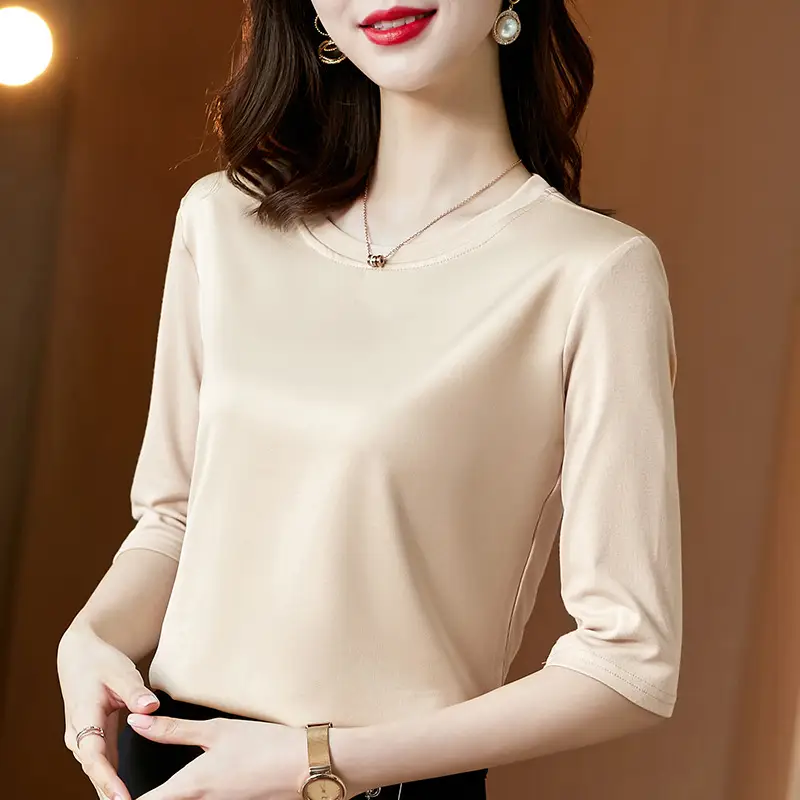 Women 3/4 Sleeve Acetate Satin T-Shirt White