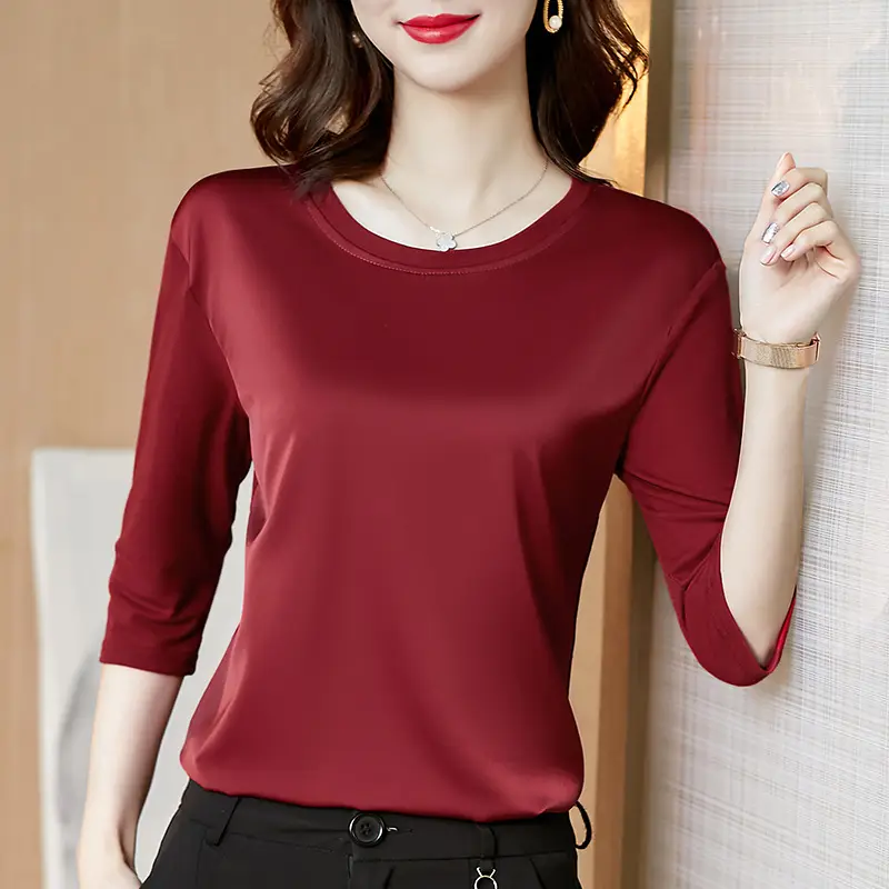 Women 3/4 Sleeve Acetate Satin T-Shirt White