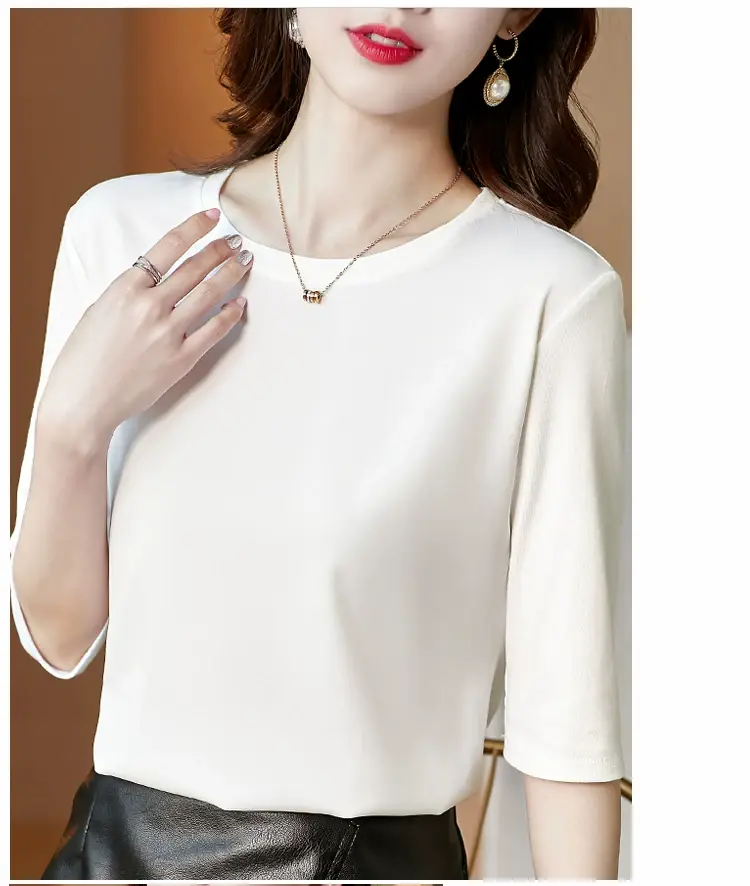 Women 3/4 Sleeve Acetate Satin T-Shirt White — feature 15