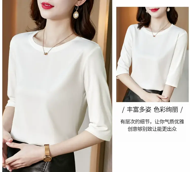 Women 3/4 Sleeve Acetate Satin T-Shirt White — feature 16