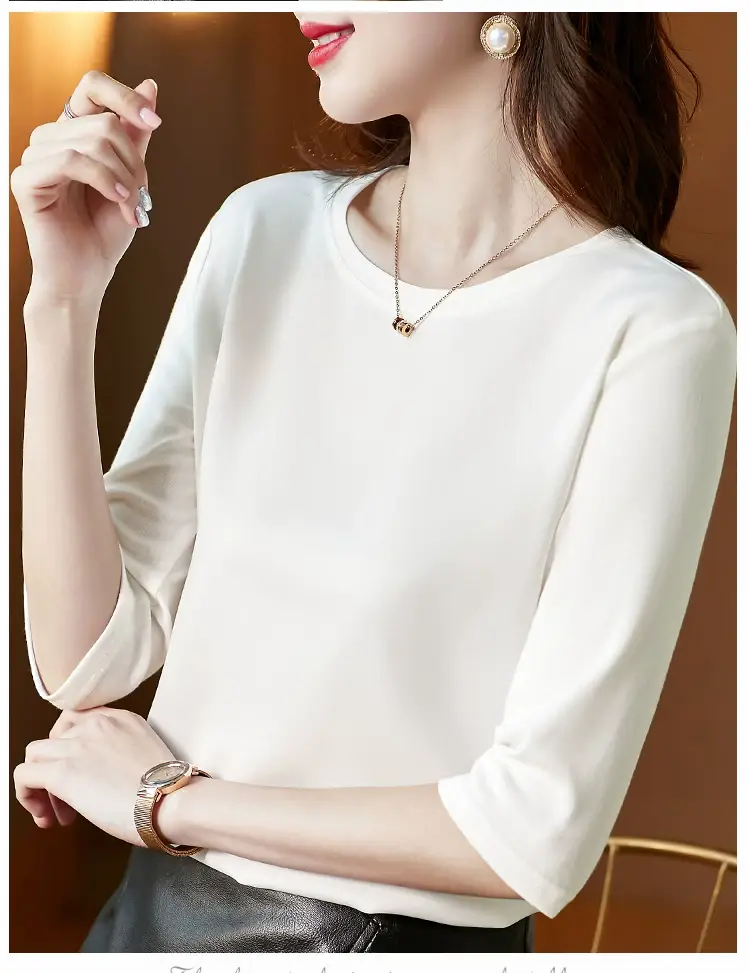 Women 3/4 Sleeve Acetate Satin T-Shirt White — feature 17
