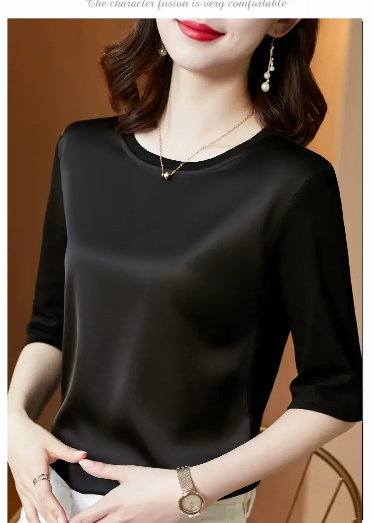 Women 3/4 Sleeve Acetate Satin T-Shirt White — feature 18