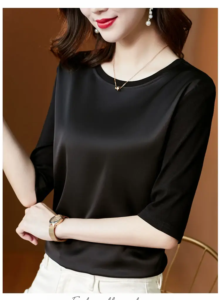 Women 3/4 Sleeve Acetate Satin T-Shirt White — feature 19
