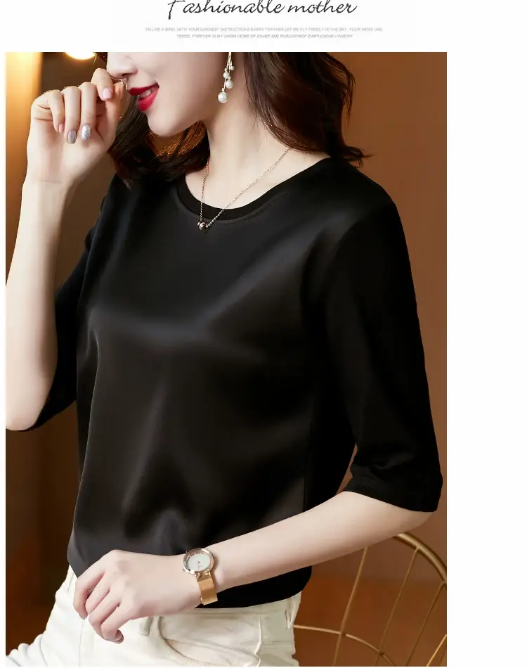 Women 3/4 Sleeve Acetate Satin T-Shirt White — feature 20
