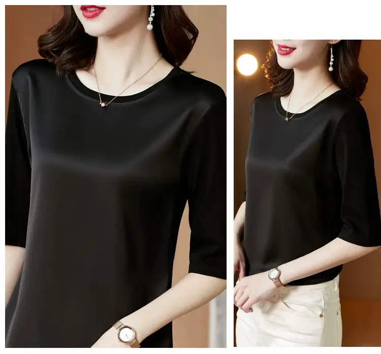 Women 3/4 Sleeve Acetate Satin T-Shirt White — feature 21