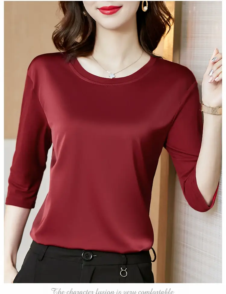 Women 3/4 Sleeve Acetate Satin T-Shirt White — feature 22