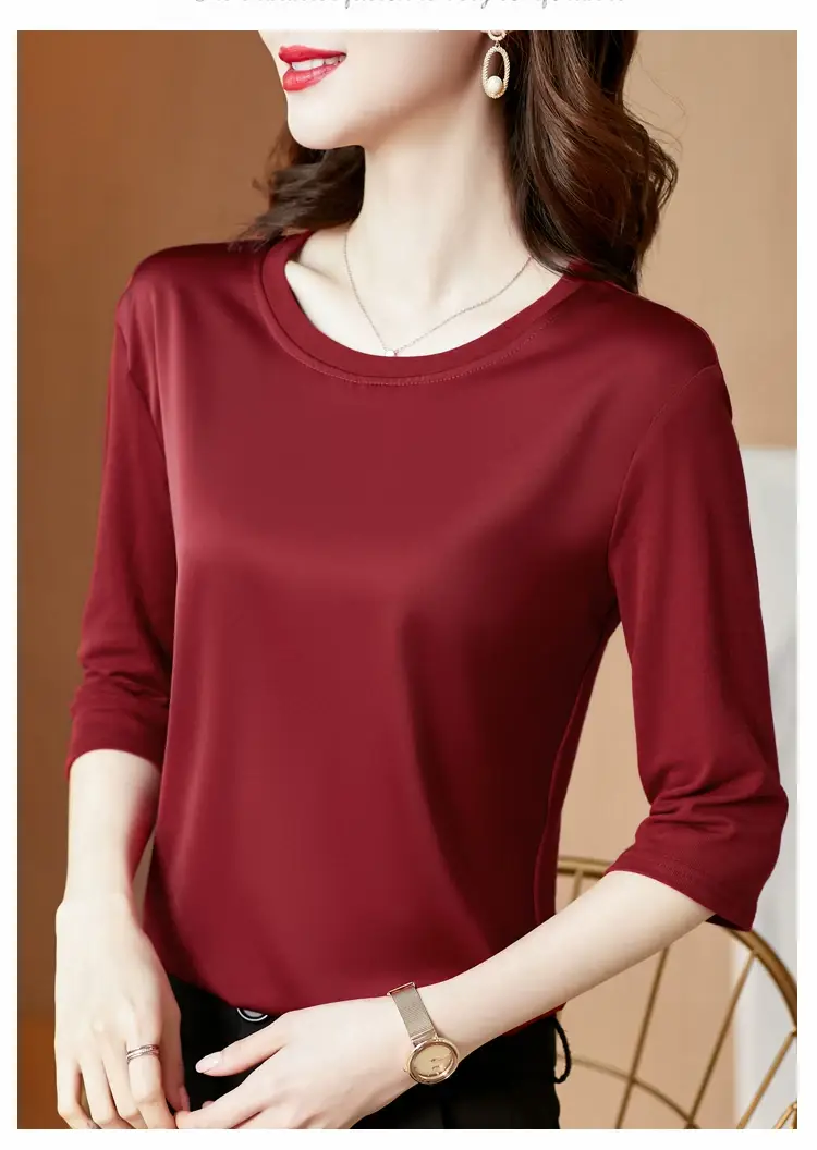 Women 3/4 Sleeve Acetate Satin T-Shirt White — feature 23