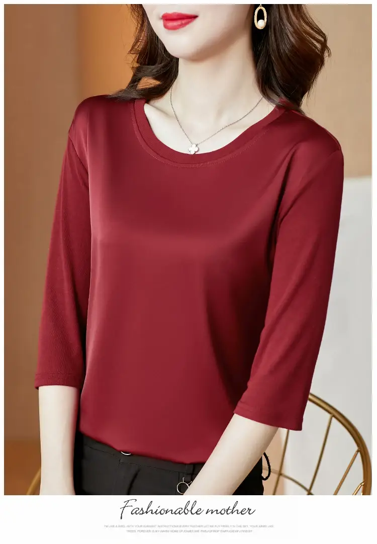 Women 3/4 Sleeve Acetate Satin T-Shirt White — feature 24