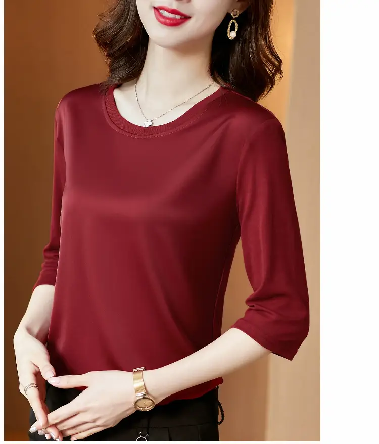 Women 3/4 Sleeve Acetate Satin T-Shirt White — feature 25