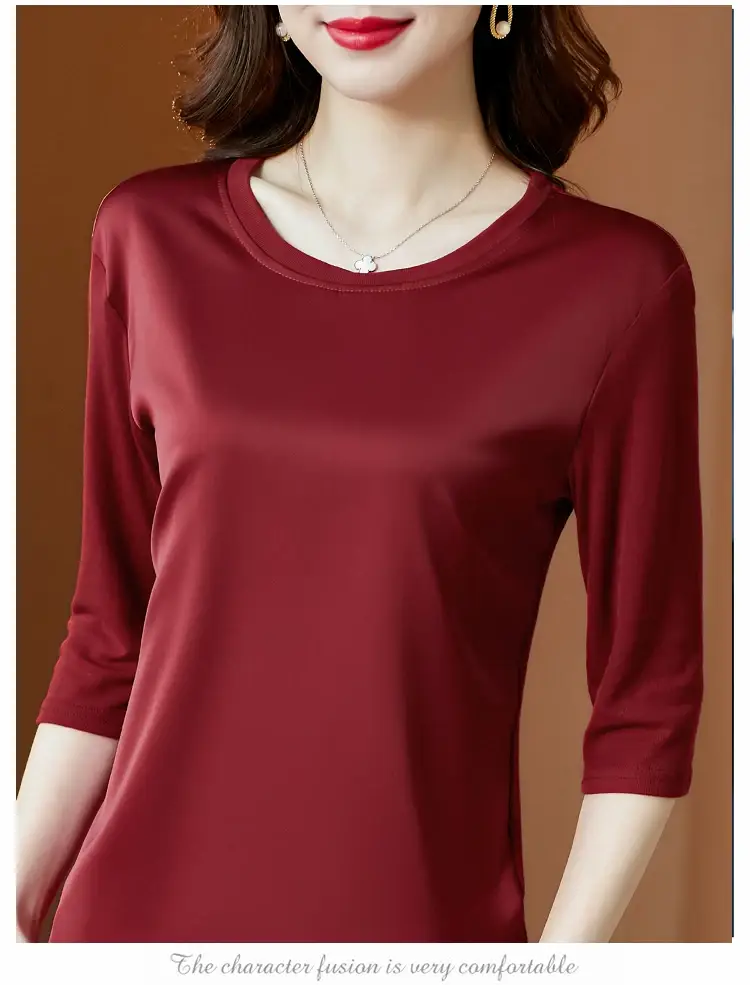 Women 3/4 Sleeve Acetate Satin T-Shirt White — feature 26
