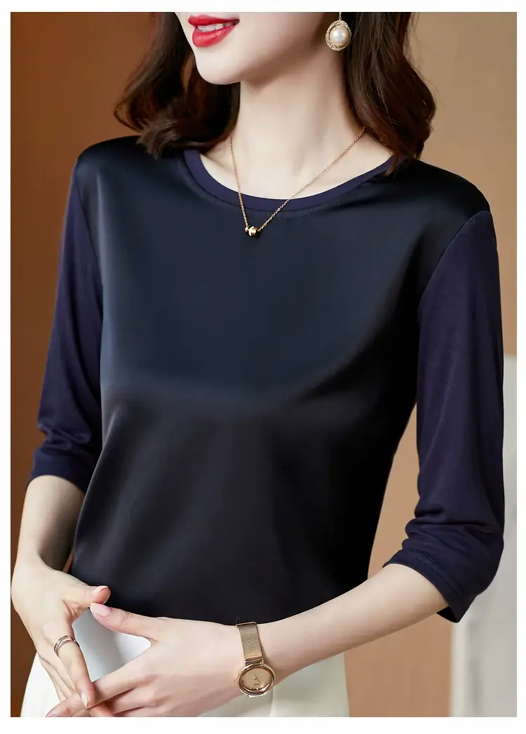 Women 3/4 Sleeve Acetate Satin T-Shirt White — feature 27