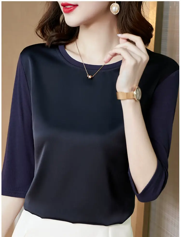 Women 3/4 Sleeve Acetate Satin T-Shirt White — feature 28