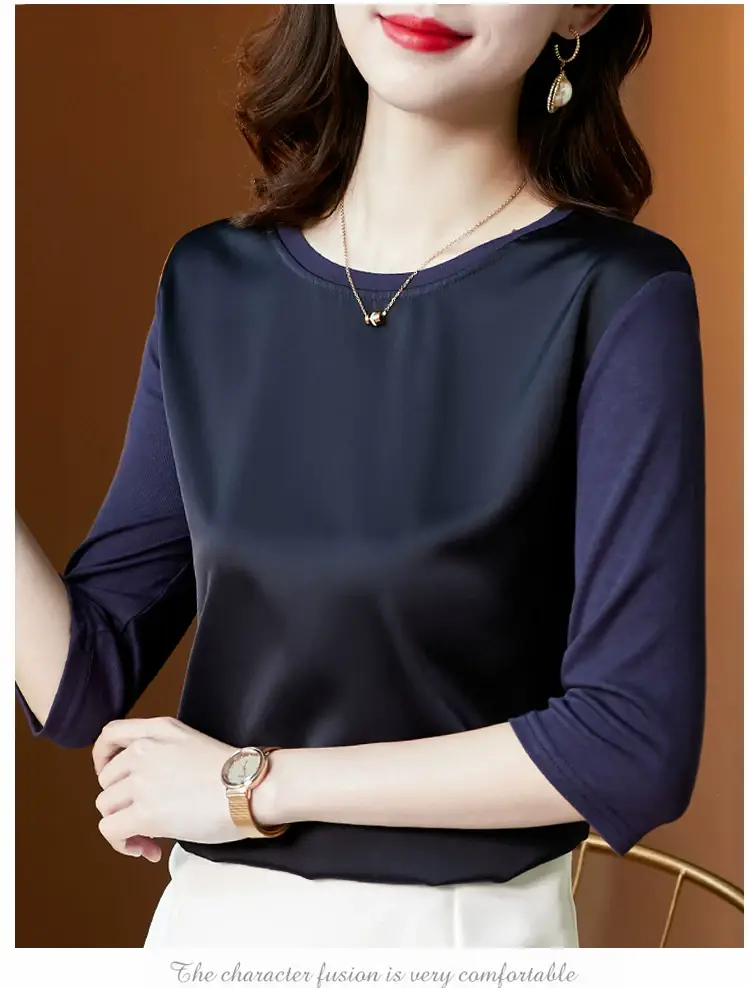 Women 3/4 Sleeve Acetate Satin T-Shirt White — feature 30