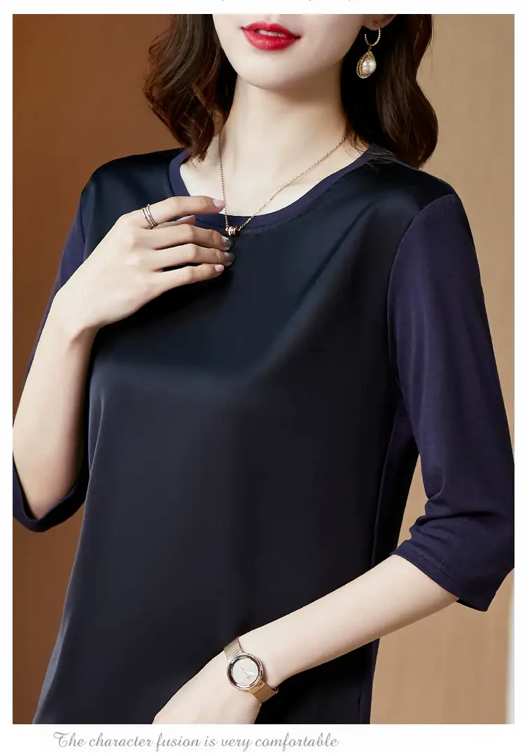 Women 3/4 Sleeve Acetate Satin T-Shirt White — feature 31