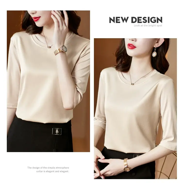Women 3/4 Sleeve Acetate Satin T-Shirt White — feature 33
