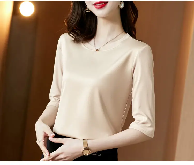 Women 3/4 Sleeve Acetate Satin T-Shirt White — feature 34