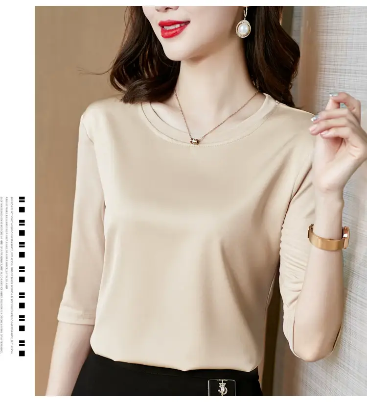 Women 3/4 Sleeve Acetate Satin T-Shirt White — feature 35