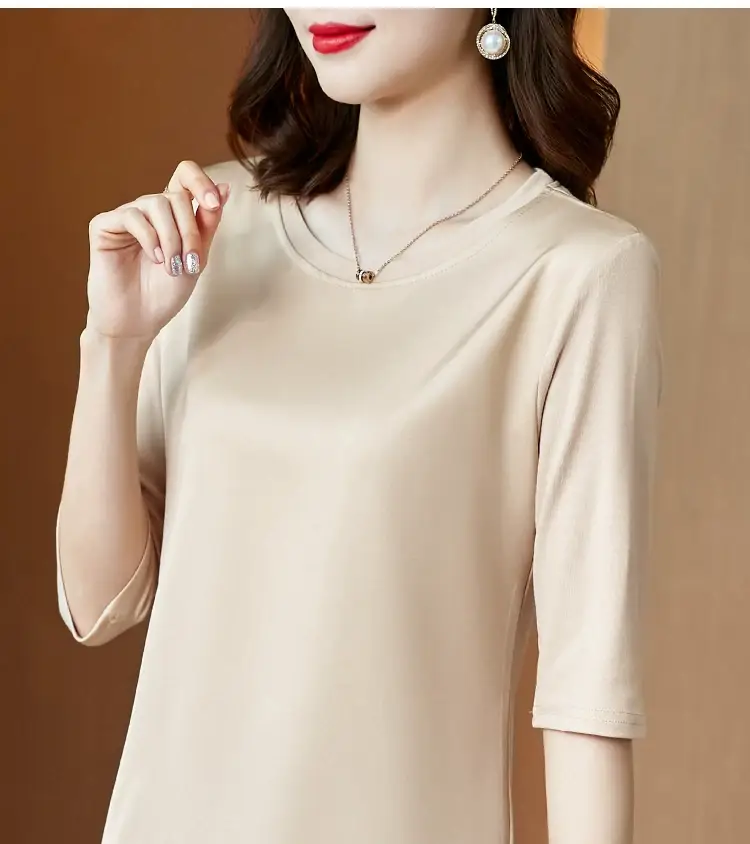 Women 3/4 Sleeve Acetate Satin T-Shirt White — feature 36