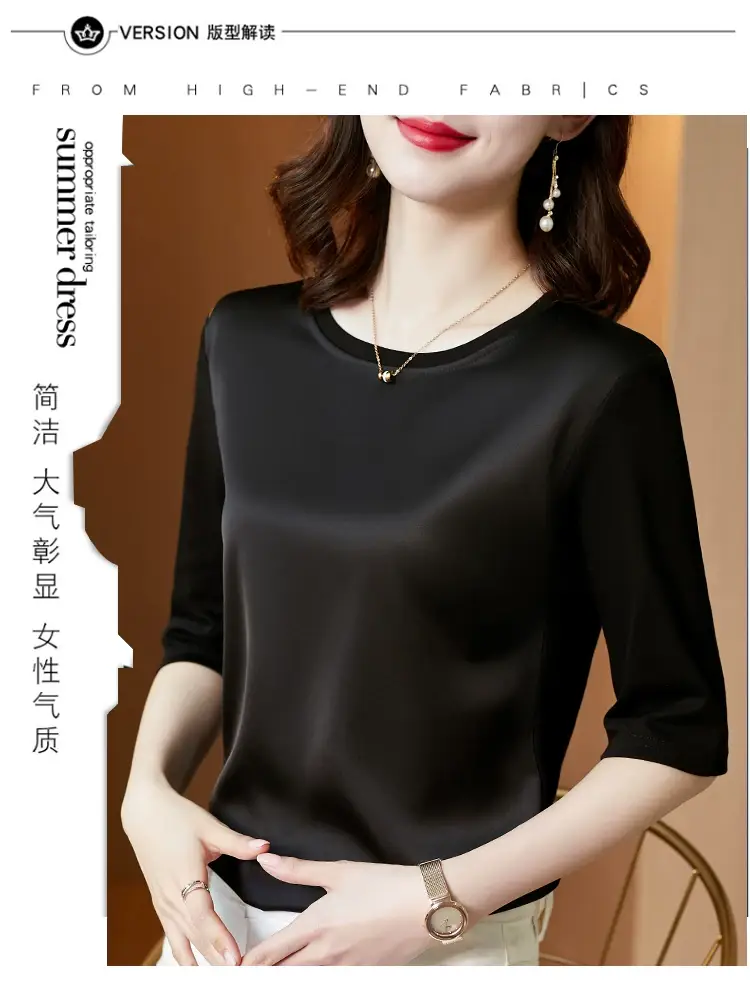 Women 3/4 Sleeve Acetate Satin T-Shirt White — feature 5