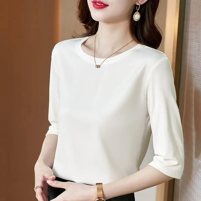 Women 3/4 Sleeve Acetate Satin T-Shirt White