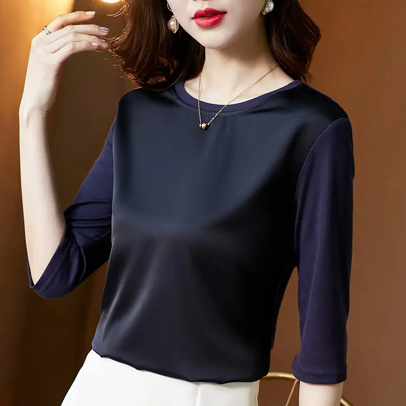 Women 3/4 Sleeve Acetate Satin T-Shirt White