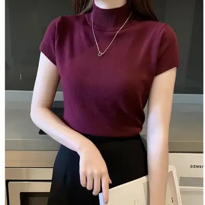 Women Knit Half-Turtleneck Slim Fit Top Red Summer 2025 - Image 10