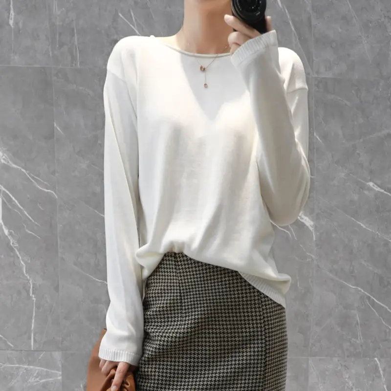 Women Knitted Round Neck Sweater Light Beige - Image 11