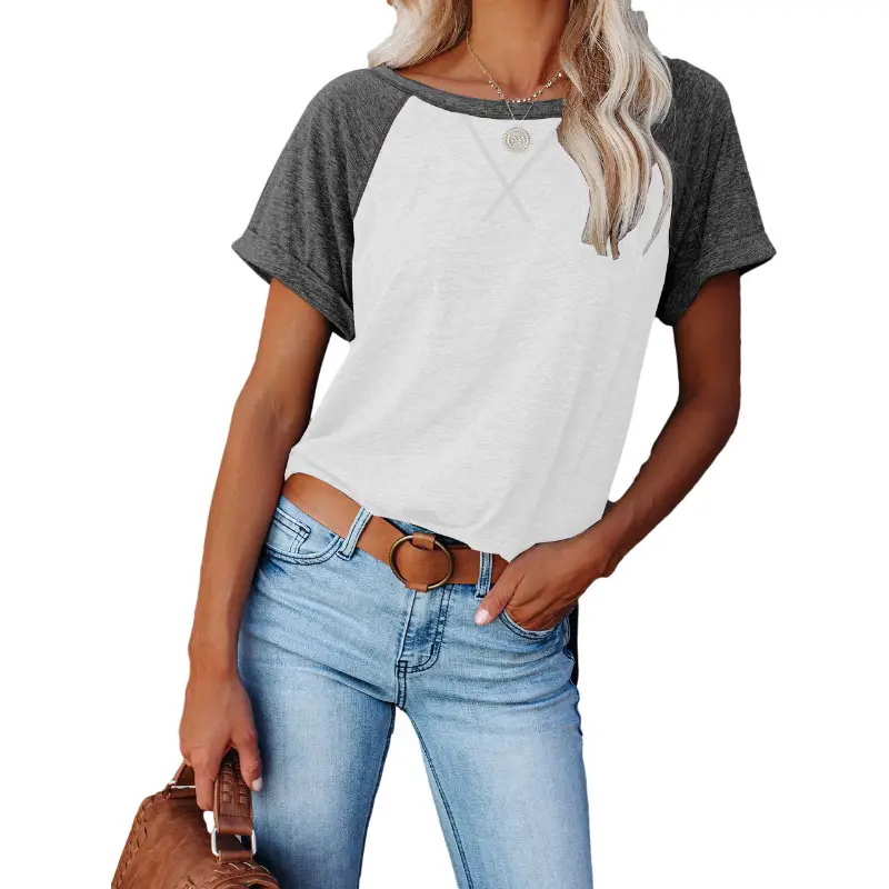 2021 Women Grey Cross Neck T-Shirt Loose Short Sleeve - Image 9