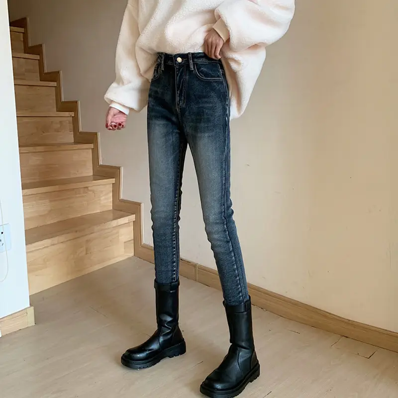 Women Slim Fit Blue Pencil Pants with Black Boots - Image 5