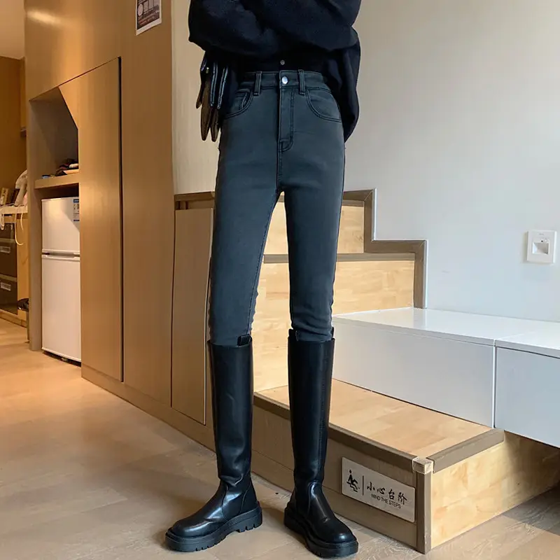 Women Slim Fit Blue Pencil Pants with Black Boots - Image 6
