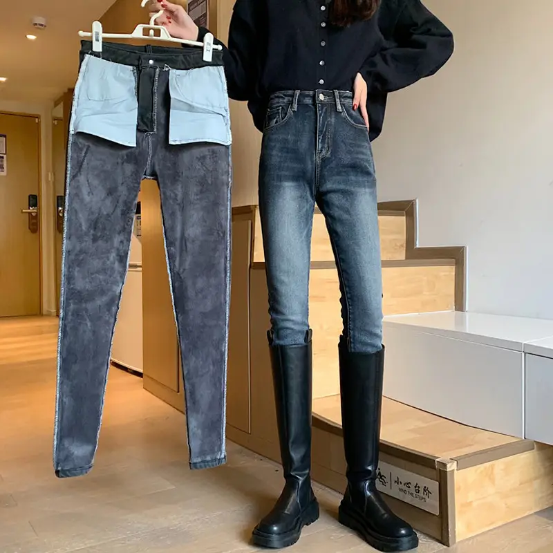 Women Slim Fit Blue Pencil Pants with Black Boots - Image 7