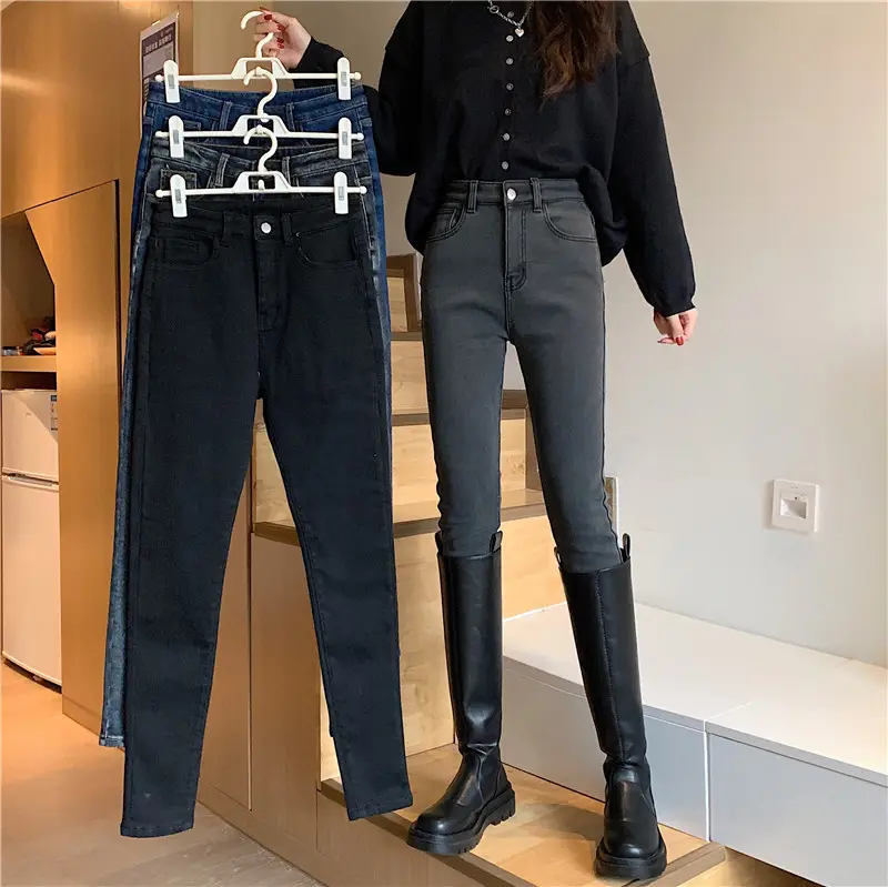 Women Slim Fit Blue Pencil Pants with Black Boots - Image 2