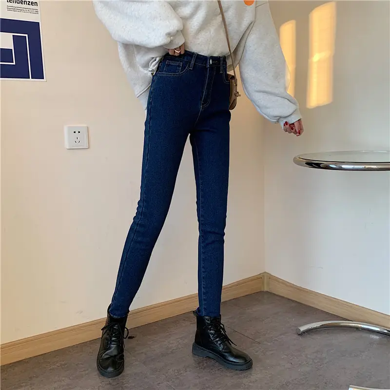 Women Slim Fit Blue Pencil Pants with Black Boots - Image 3