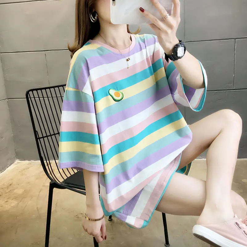 Women Rainbow Striped Maternity T-Shirt 2023 Spring Summer Loose Short Sleeve - Image 6
