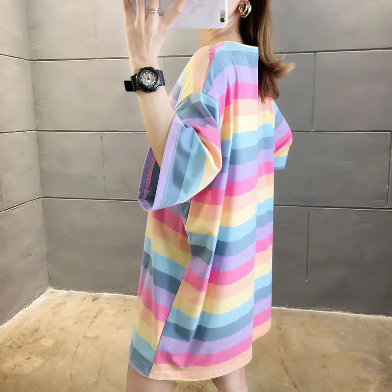Women Rainbow Striped Maternity T-Shirt 2023 Spring Summer Loose Short Sleeve - Image 7