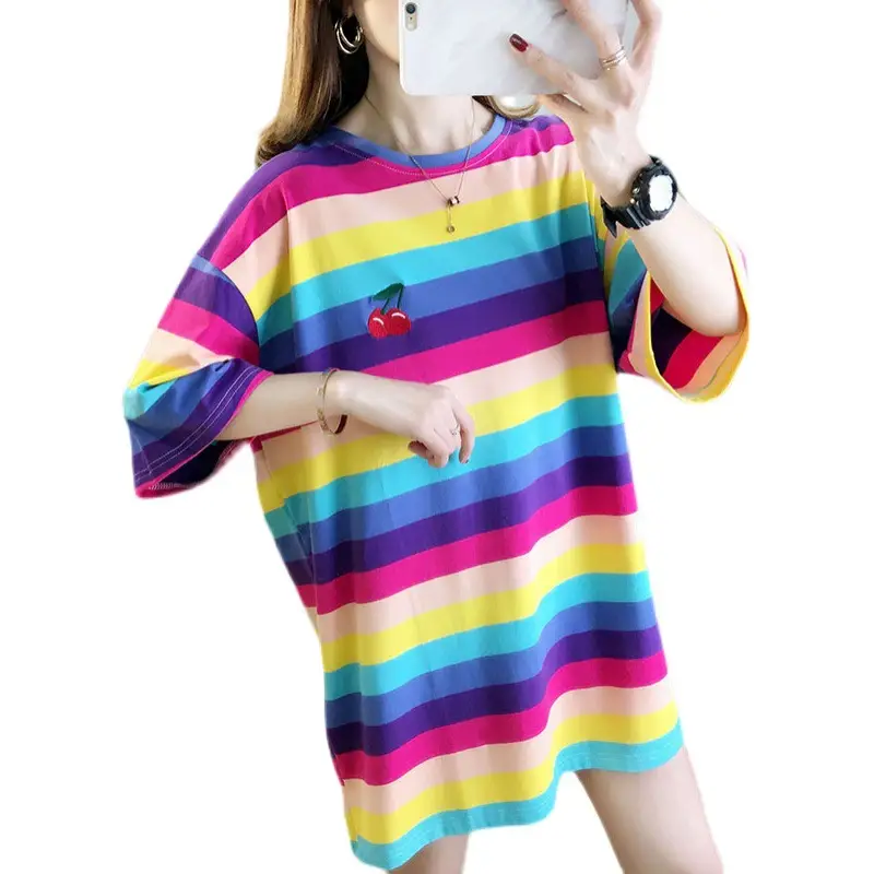 Women Rainbow Striped Maternity T-Shirt 2023 Spring Summer Loose Short Sleeve - Image 8