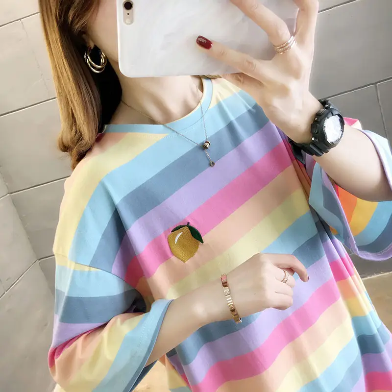 Women Rainbow Striped Maternity T-Shirt 2023 Spring Summer Loose Short Sleeve — feature 11