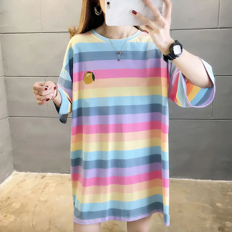 Women Rainbow Striped Maternity T-Shirt 2023 Spring Summer Loose Short Sleeve — feature 13