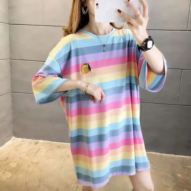 Women Rainbow Striped Maternity T-Shirt 2023 Spring Summer Loose Short Sleeve — feature 14