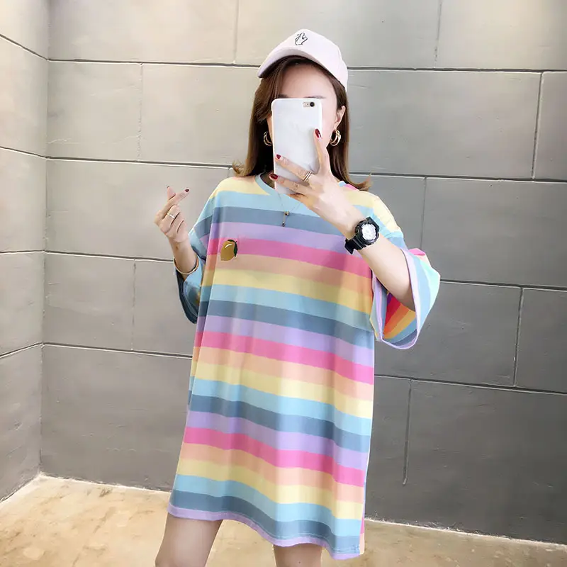 Women Rainbow Striped Maternity T-Shirt 2023 Spring Summer Loose Short Sleeve — feature 15